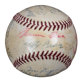 1949 Hall of Famers Multi Signed OAL Harridge Baseball With 16 Signatures Signed For 1949 Connie Mack Day (JSA)